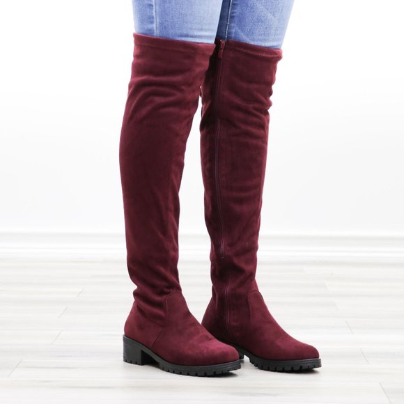 Wine Lug Sole Thigh High Boots Back Lace Tie - Picture 2 of 14